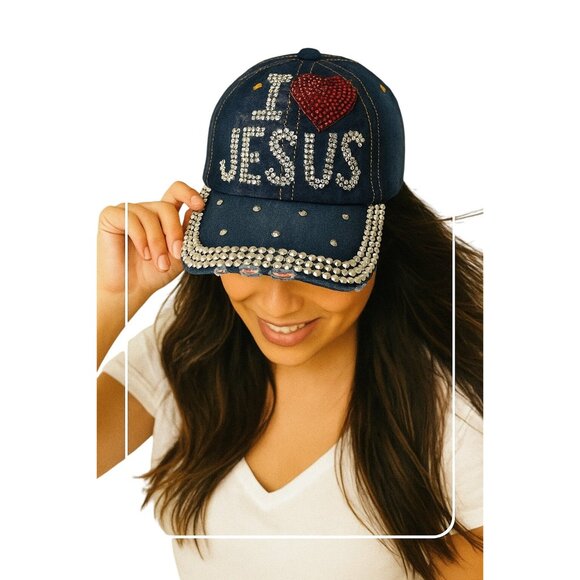 I ❤️ Jesus Denim Bling Cap By Bijorca Adjustable Fit 100% Cotton - Picture 4 of 8